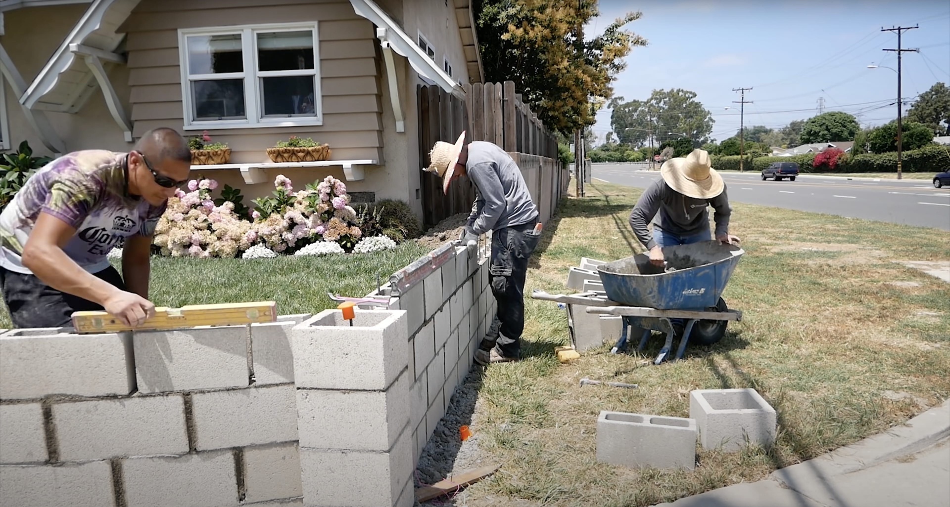 Professional concrete block construction and masonry work Concrete masonry work showing professional block laying and construction techniques