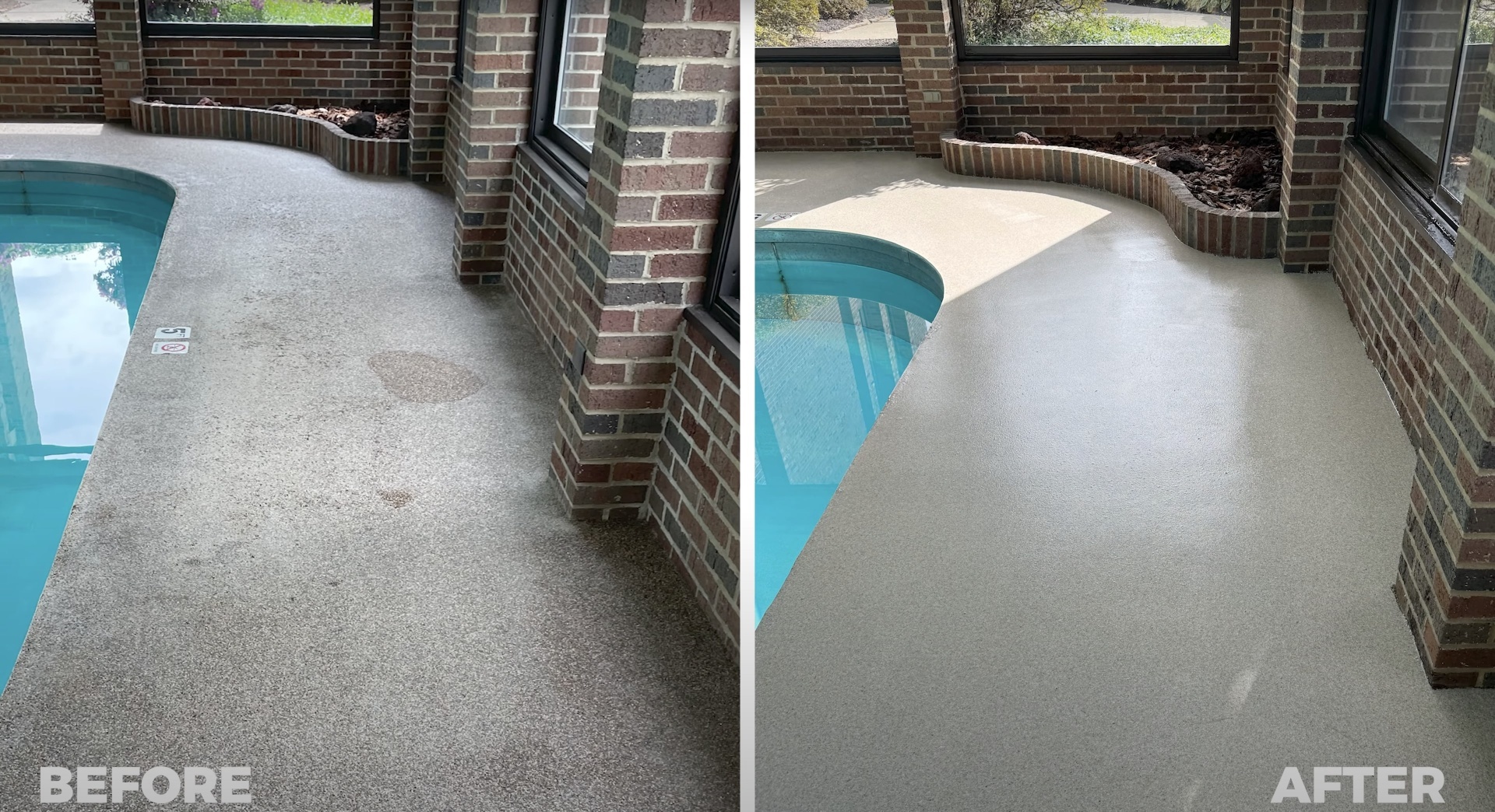 Pool deck concrete resurfacing - before and after professional restoration Before and after concrete pool deck resurfacing showing professional restoration work